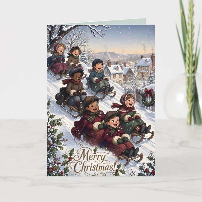Victorian children sledding Christmas card (Front)