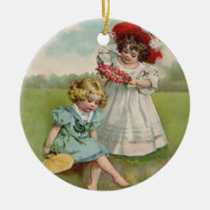 Victorian Children Vintage Summer Girls Garden Ceramic Ornament