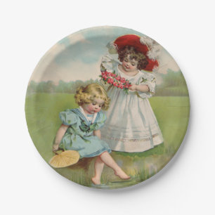 Victorian Children Vintage Summer Girls Garden Paper Plate