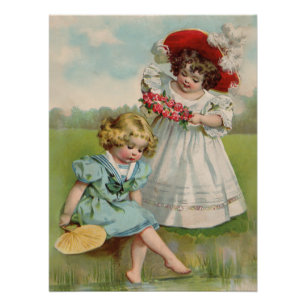 Victorian Children Vintage Summer Girls Garden Poster