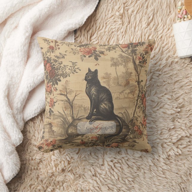 Victorian Chinoiserie Black Cat Throw Pillow (Blanket)