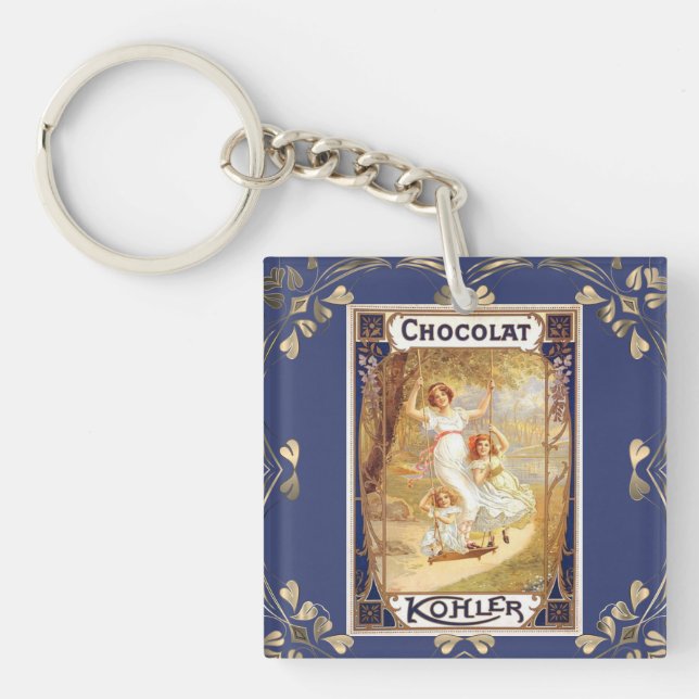 Victorian chocolate label floral elegant blue gold keychain (Front)