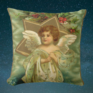 Victorian Christmas Angel with Vintage Gold Star Throw Pillow