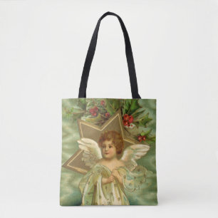 Victorian Christmas Angel with Vintage Gold Star Tote Bag