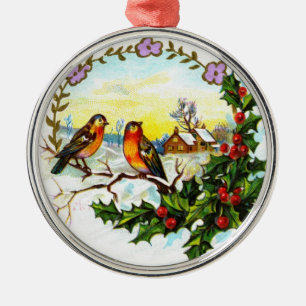 Victorian Christmas Birds Metal Ornament