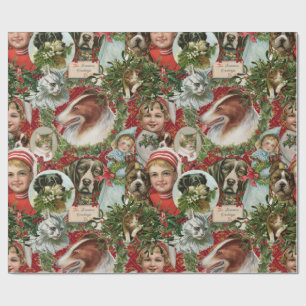 Victorian Christmas Cats And Dogs Scrap Collage Wrapping Paper