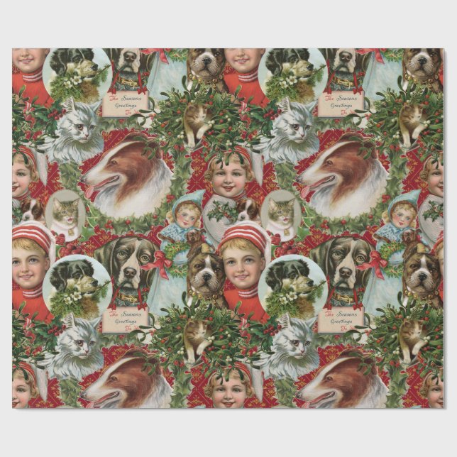 Victorian Christmas Cats And Dogs Scrap Collage Wrapping Paper (Flat)