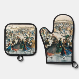 Victorian Christmas Central Park Currier & Ives Oven Mitt & Pot Holder Set