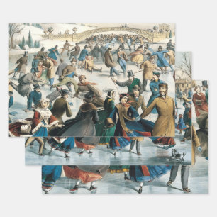 Victorian Christmas Central Park Currier & Ives Wrapping Paper Sheet