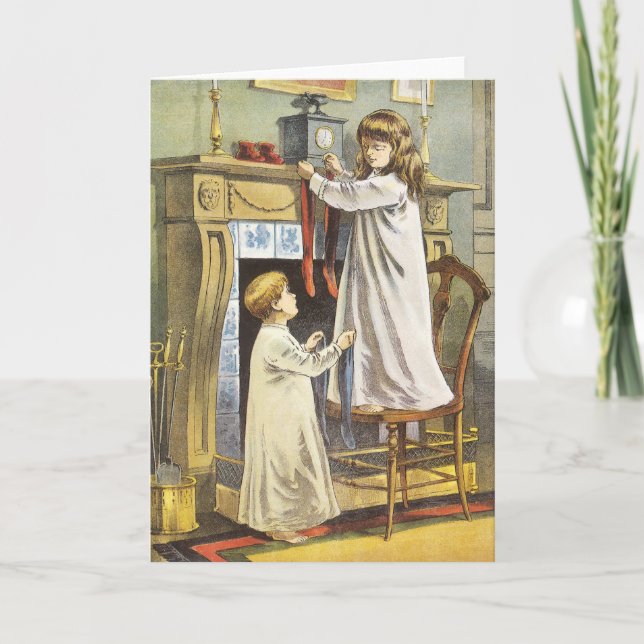 Victorian Christmas, Children Christmas Stockings Holiday Card (Front)