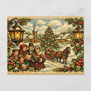 Victorian Christmas Church and Christmas Carols  Holiday Postcard