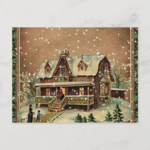 Victorian Christmas Cottage in Winter Illustration Holiday Postcard