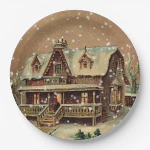 Victorian Christmas Cottage in Winter Illustration Paper Plate