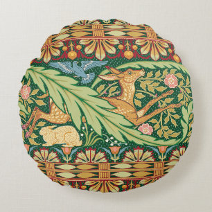 Victorian Christmas Deer and Rabbit - Walter Crane Round Pillow