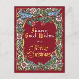 Victorian Christmas Elegant Bird Holly Burgundy Holiday Postcard