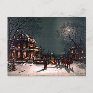 Victorian Christmas Eve Party Mansion Sleigh Snow Postcard
