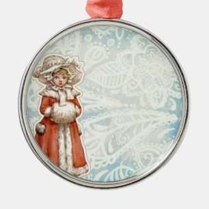 Victorian Christmas Girl in Fur Red Coat Metal Ornament