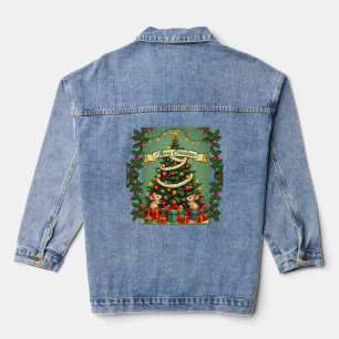 Victorian Christmas Happy Mice Red Green Holly Denim Jacket