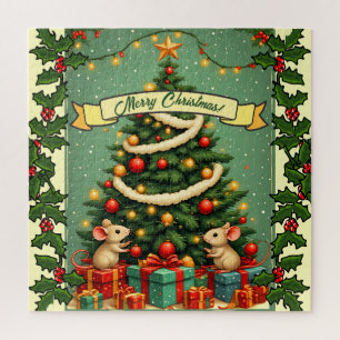 Victorian Christmas Happy Mice Red Green Holly Jigsaw Puzzle