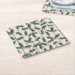 Victorian Christmas Holly Square Paper Coaster