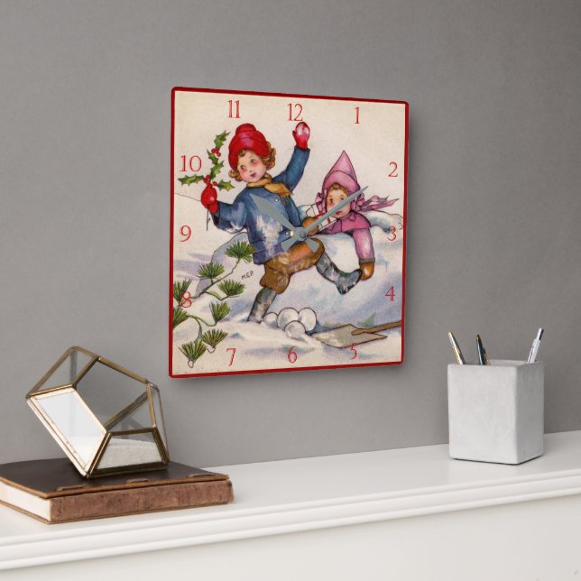 Victorian Christmas Kids in Snow Clock (Office)