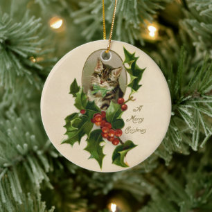 Victorian Christmas Kitten in Holly Antique Tabby Ceramic Ornament