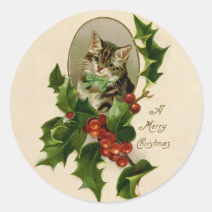 Victorian Christmas Kitten in Holly Antique Tabby Classic Round Sticker