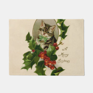 Victorian Christmas Kitten in Holly Antique Tabby Doormat