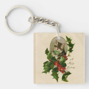 Victorian Christmas Kitten in Holly Antique Tabby Keychain