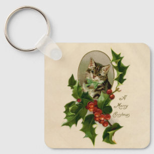 Victorian Christmas Kitten in Holly Antique Tabby Keychain