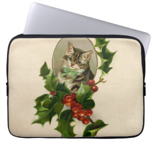 Victorian Christmas Kitten in Holly Antique Tabby Laptop Sleeve