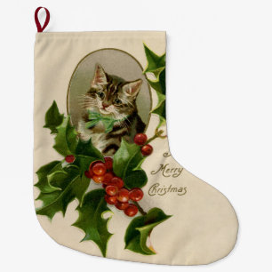 Victorian Christmas Kitten in Holly Antique Tabby Large Christmas Stocking
