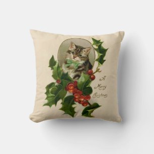 Victorian Christmas Kitten in Holly Antique Tabby Throw Pillow