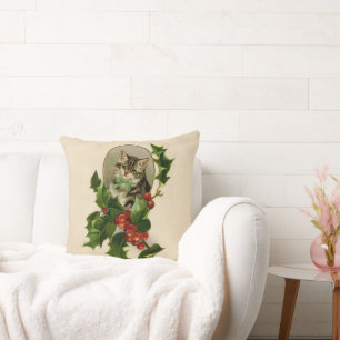Victorian Christmas Kitten in Holly Antique Tabby Throw Pillow