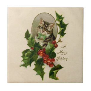 Victorian Christmas Kitten in Holly Antique Tabby Tile