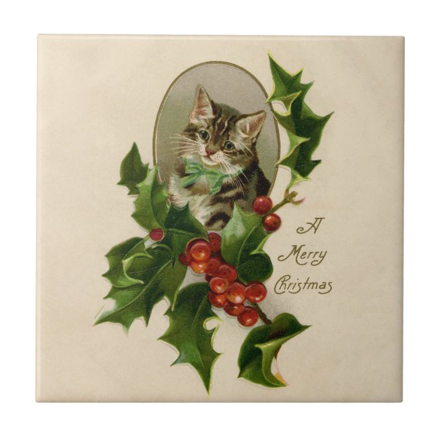 Victorian Christmas Kitten in Holly Antique Tabby Tile (Front)