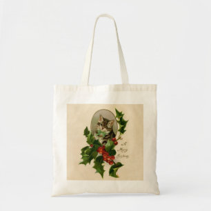 Victorian Christmas Kitten in Holly Antique Tabby Tote Bag