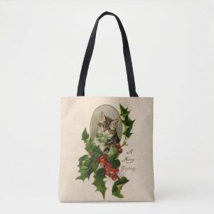 Victorian Christmas Kitten in Holly Antique Tabby Tote Bag