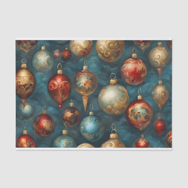 Victorian Christmas Ornaments on Elegant Blue  Tissue Paper (Front)
