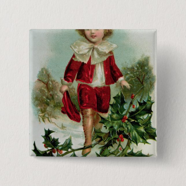 Victorian Christmas postcard depicting a boy 2 Inch Square Button (Front)