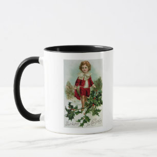 Victorian Christmas postcard depicting a boy Mug