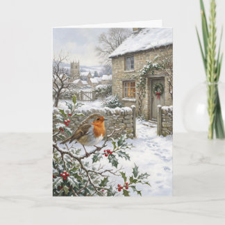 Victorian Christmas Robin & Cottage Painting Holiday Card