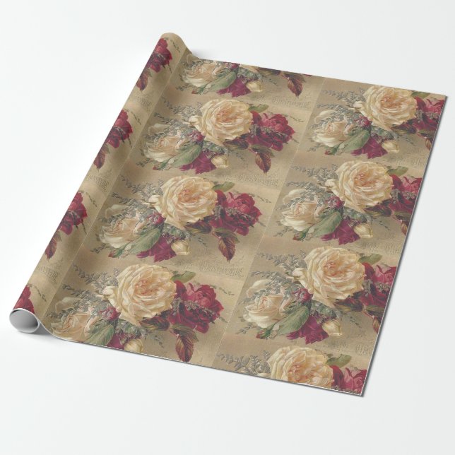 Victorian Christmas Rose Wrapping Paper (Unrolled)