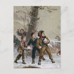 Victorian Christmas Snowball Fight Holiday Postcard