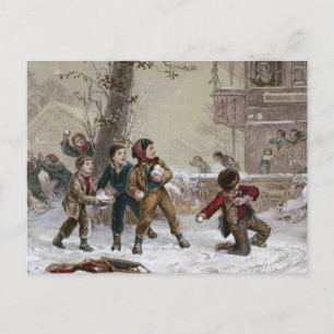 Victorian Christmas Snowball Fight Holiday Postcard