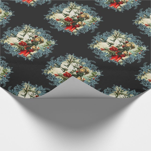 Victorian Christmas Snowman Vintage Chic Wrapping Paper (Corner)