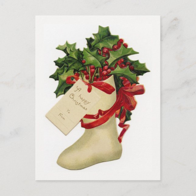 Victorian Christmas Stocking and Holly Postcard (Front)