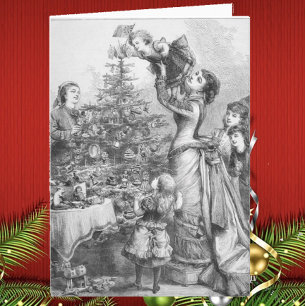 Victorian Christmas Tree Family Antique Holiday  Card