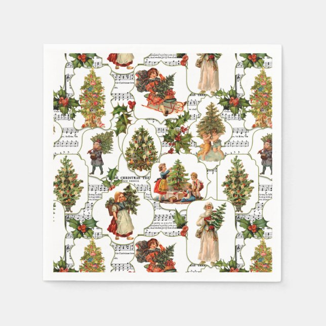 Victorian Christmas Trees, Holly & Music Napkin (Front)