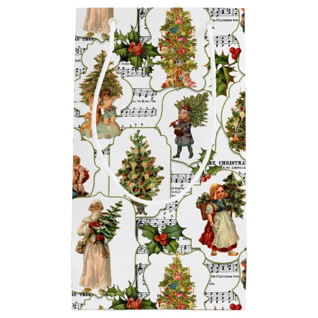 Victorian Christmas Trees, Holly & Music Small Gift Bag (Front)